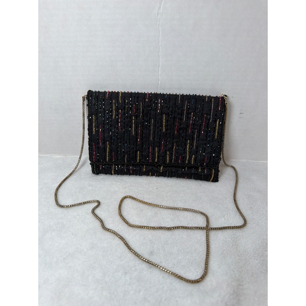 VTG 80s La Regale Beaded Evening Clutch Womens Small Black Multi Color Satin Bag